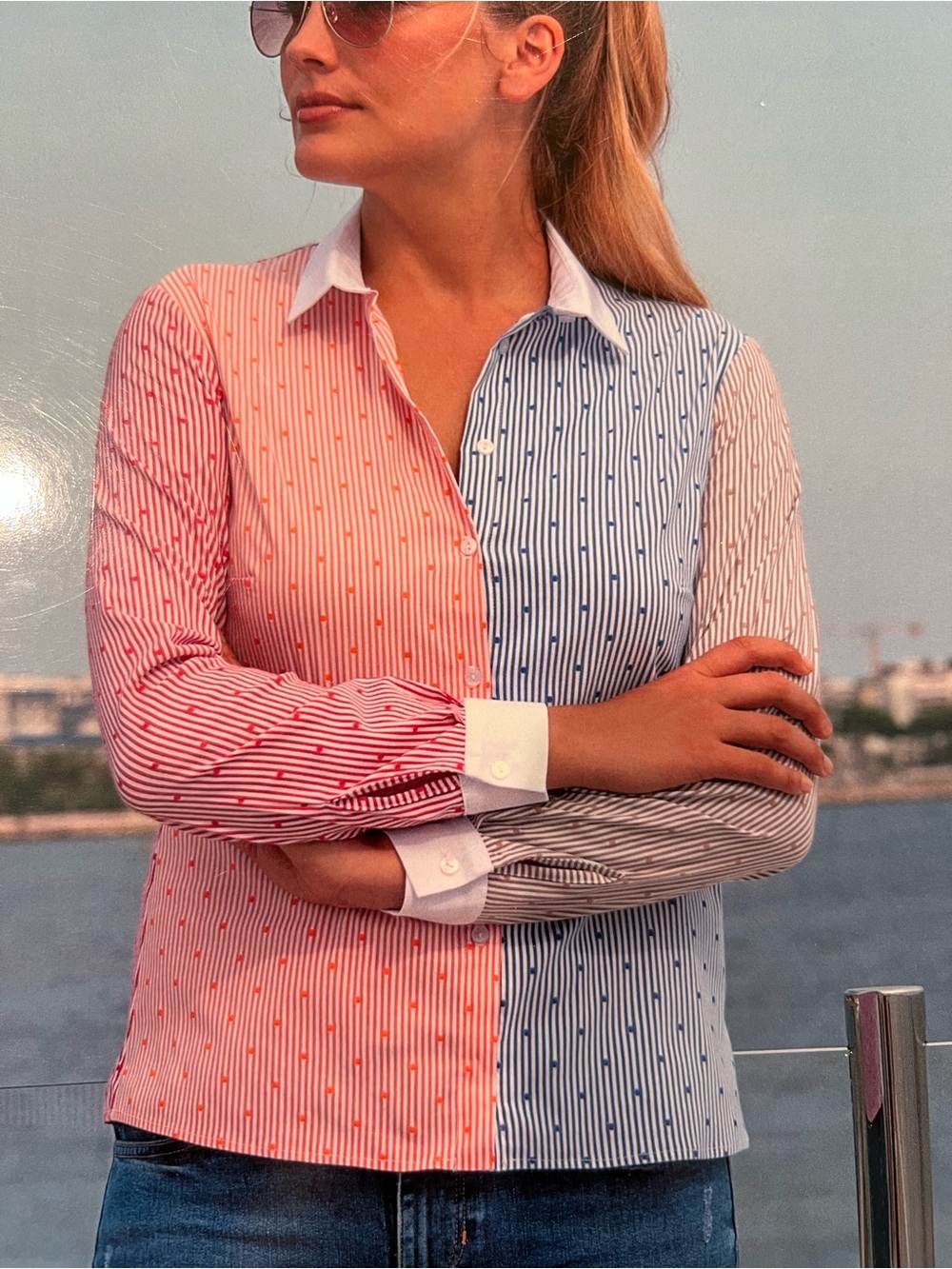 Two-Tone Stripe Button-Down Shirt with Contrast Collar